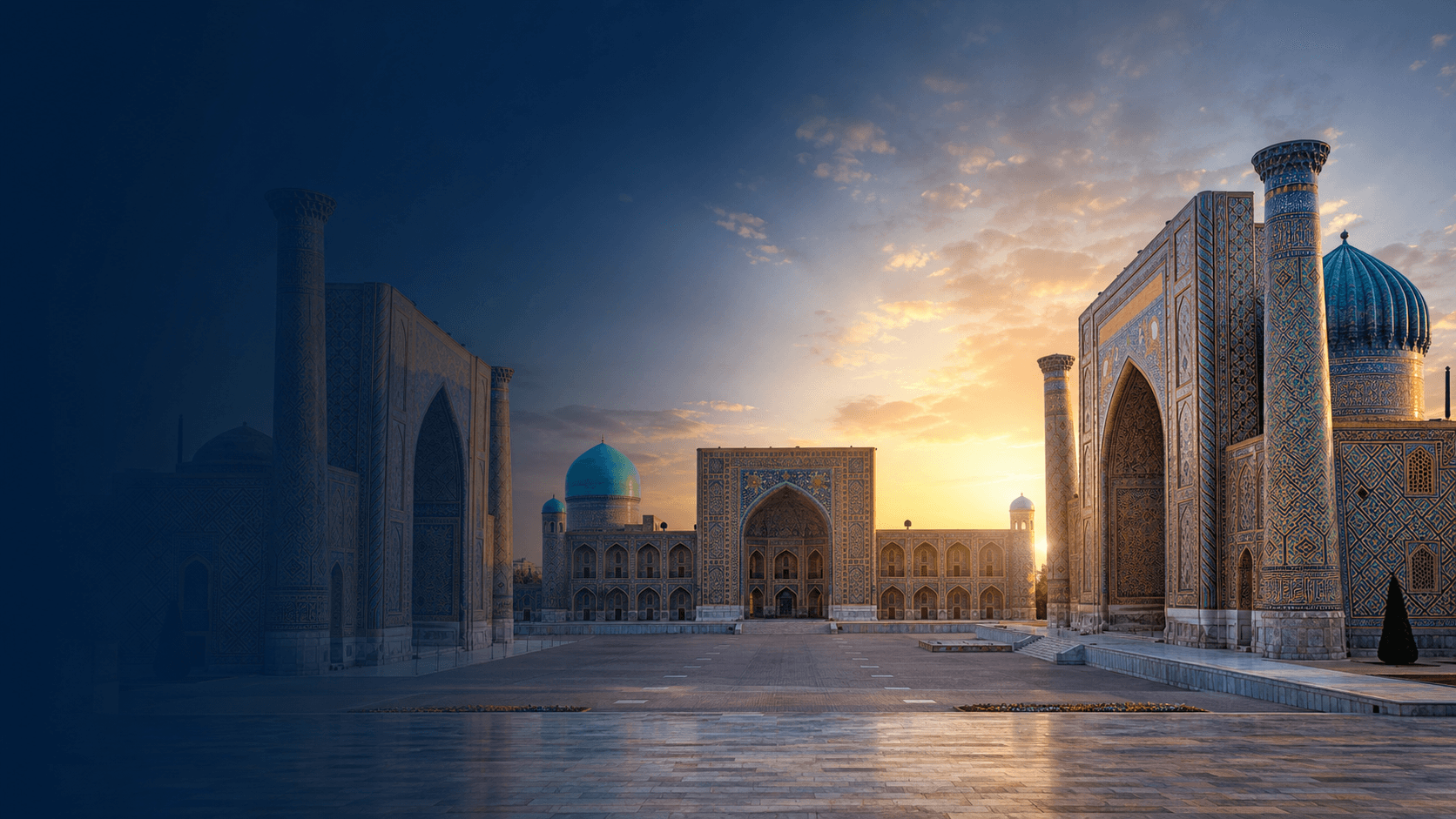 Registan Square in Samarkand at sunrise